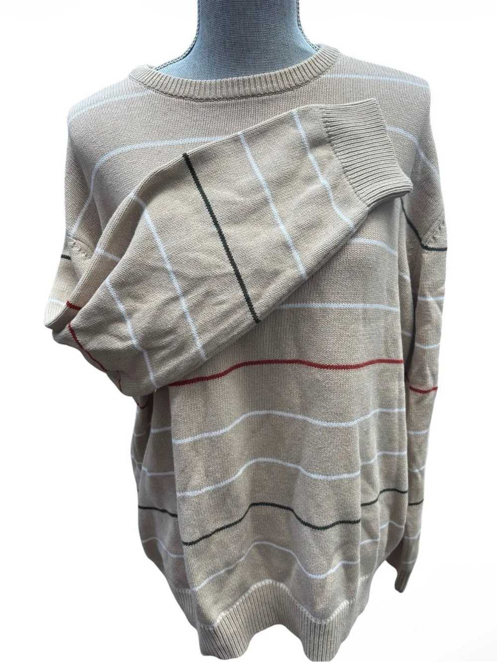 Haggar Men Striped Crewneck Sweater XL Tan Beige Multi Stripe Pullover Preppy